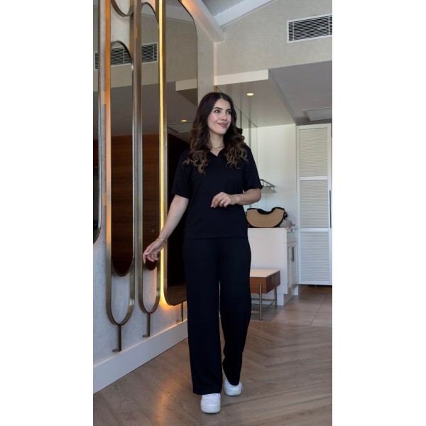 Kadın Kısa Kollu Yakalı Viskon Iki Iplik Bluz Ve Pantolon Ikili Takım