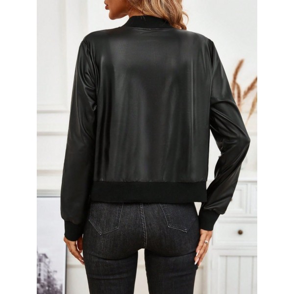 Kadın Uzun Kollu önden Fermuarlı Deri Kısa Ceket