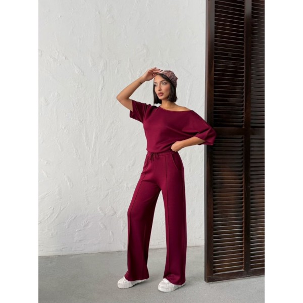 Kadın İsa Kollu Kayık Yaka Bluz Ve Pantolon Misal Kumaş Ikili Takım