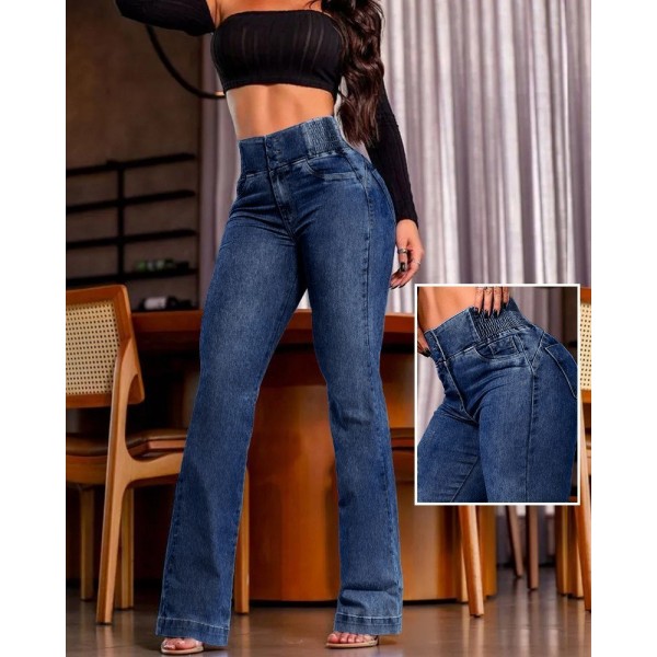 Kadın Yüksek Bel Yanları Lastik önü Düğmeli Kot Pantolon