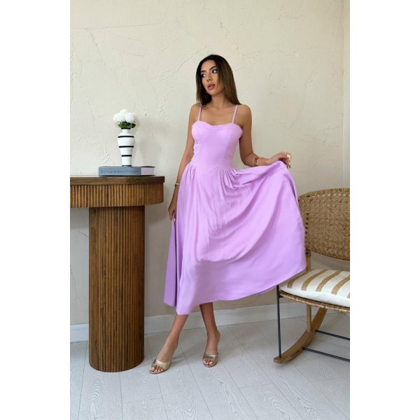 Lila Göğüs Kuplu Uzun Büzgülü Elbise