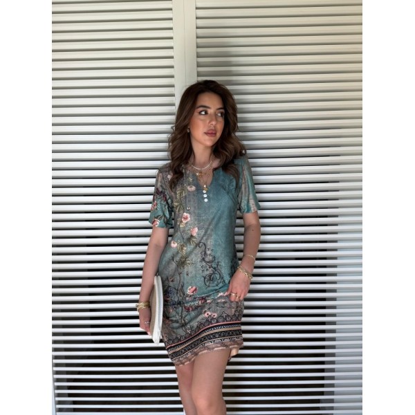 Kadın Kısa Kollu V Yakalı çiçek Baskılı Midi Süprem Elbise