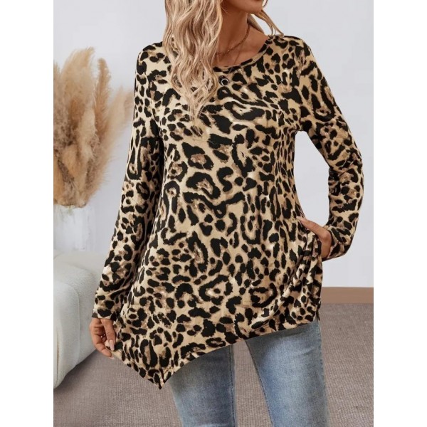 Kadın Uzun Kollu Bisiklet Yaka Leopar Desenli Süprem Bluz