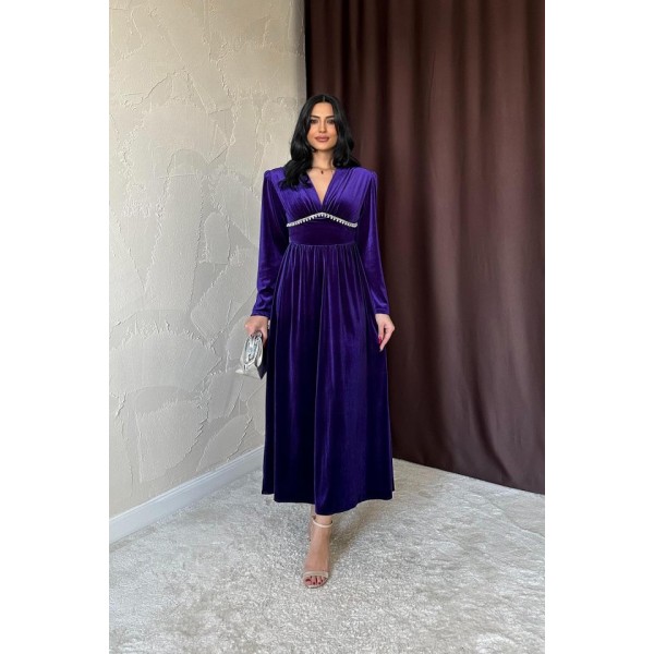 Mor Göğüs Altı Taşlı Elbise