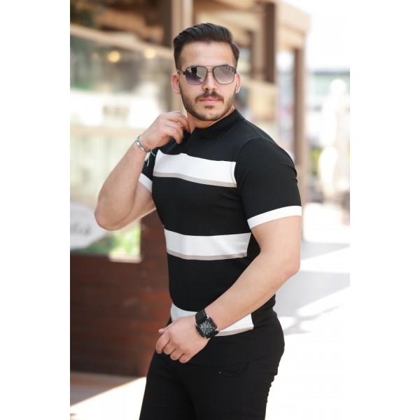 Erkek şerit Desenli Hemşire Yaka Kısa Kollu Tişört