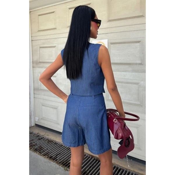 Gümüş Düğmeli Yelek Ve Şort Tensel Takım 10174