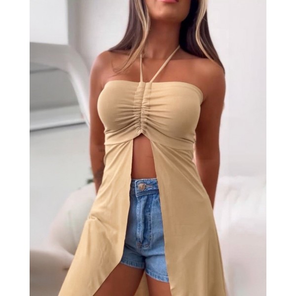 Kadın Straplez Boyundan Askılı Midi Bluz