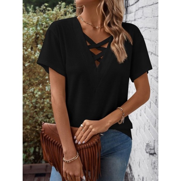 Kadın Kısa Kollu önden çapraz Detay V Yakalı Viskon Bluz