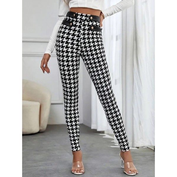 Kadın Yüksek Bel Kaz Ayağı Desenli Yan şerit Düğme Detaylı Dalgıç Pantolon