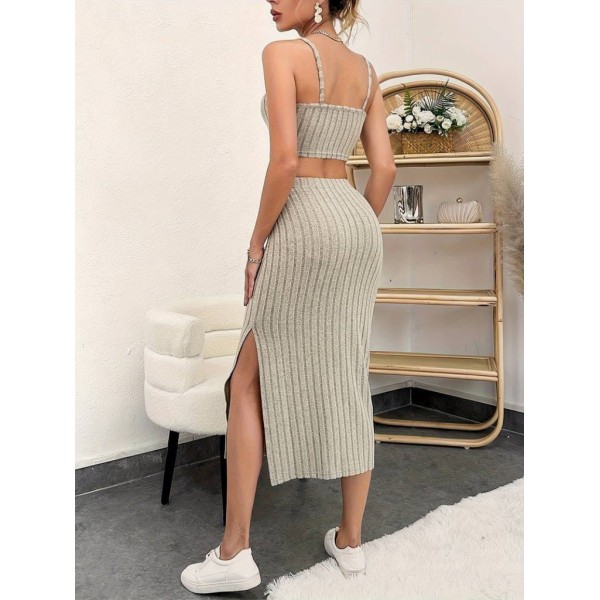 Kadın Kolsuz Askılı Crop Yırtmaçlı Midi Etek Fitilli Kaşkorse Takım