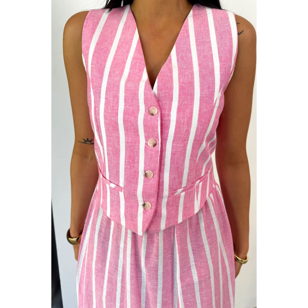 KETEN ÇİZGİLİ YELEK - UZUN ETEK TAKIM - Pembe