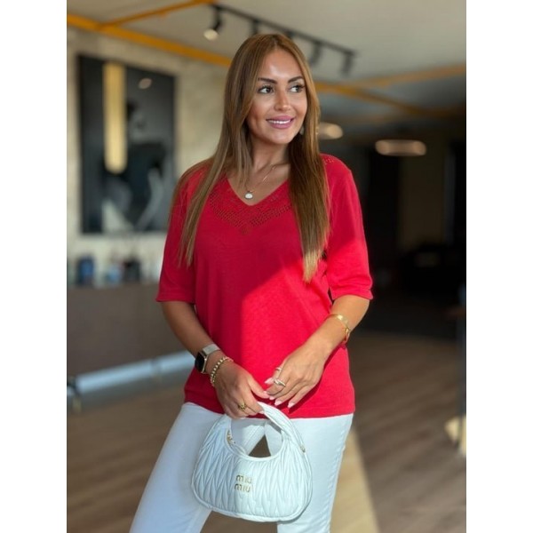 Kadın Kısa Kollu V Yaka Ajurlu Triko BluZ