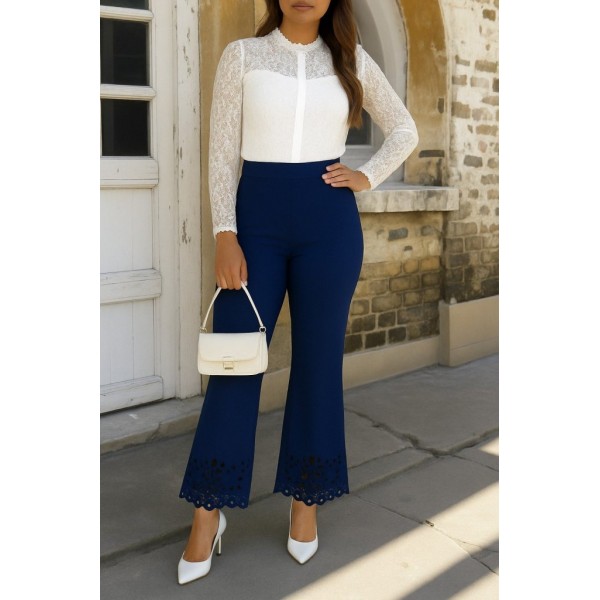 Kadın Yüksek Bel Paçaya Doğru Genişleyen Lazer çiçek Kesim Detaylı Ithal Krep Pantolon