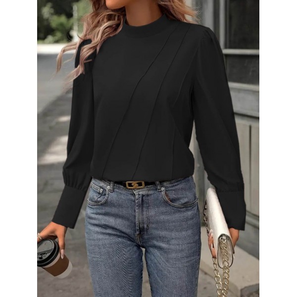 Kadın Uzun Kollu Balıkçı Yaka önden Dikişli Dokuma Bluz