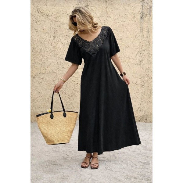 Kadın Kısa Kollu Dantel Güpür Detay V Yaka Maxi Boy Elbise