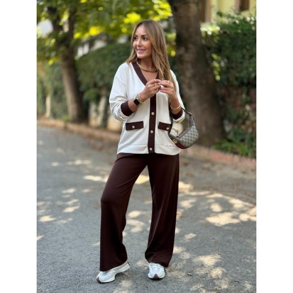 Kadın Uzun Kollu Ribanali Cep Detay Hırka Ve Bol Paça Pantolon Ikili Takım