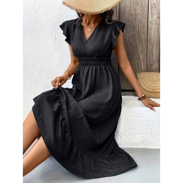 Kadın Kısa Kelebek Kollu Kruvaze Yakalı Beli Lastikli Aerobin Elbise