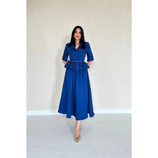 Lacivert İnce Kemerli Fırfırlı Ceket Ve Büzgülü Etek Takım