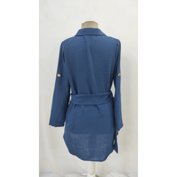 Kadın Uzun Kollu Yakalı önden Düğmeli Beli Kuşaklı Mini Ithal Keten Elbise