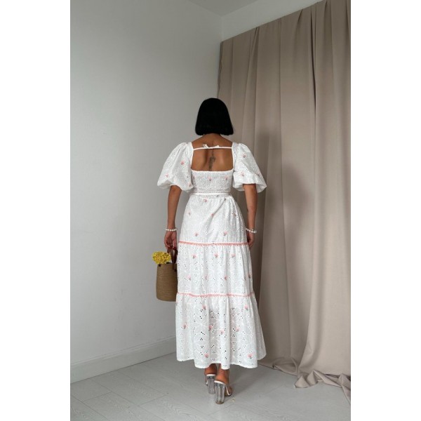 Pudra Dantel Detaylı Brode Elbise