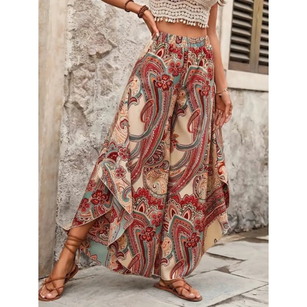 Kadın Yüksek Bel Beli Lastikli Desenli Geniş Paçalı Süprem Pantolon