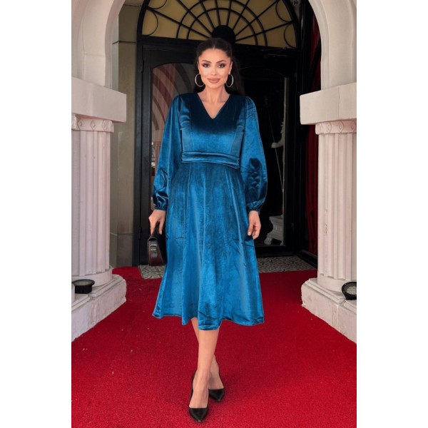 Kadın Uzun Kollu V Yaka Kuşak Dahil Kadife Kumaş Midi Boy Elbise