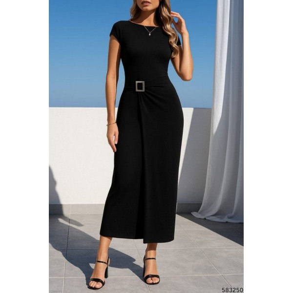 Kadın Sandy Kumaş Metal Toka Detaylı Midi Boy Elbise