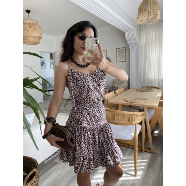 Kadın Askılı V Yaka Beli Pileli Leopar Desen Eteği Fırfırlı Süprem Elbise