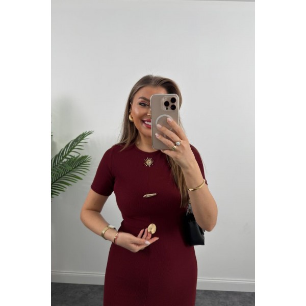 Kadın Ottoman Kumaş Likralı Düğme Tasarımlı Kısa Kol Kalem Elbise