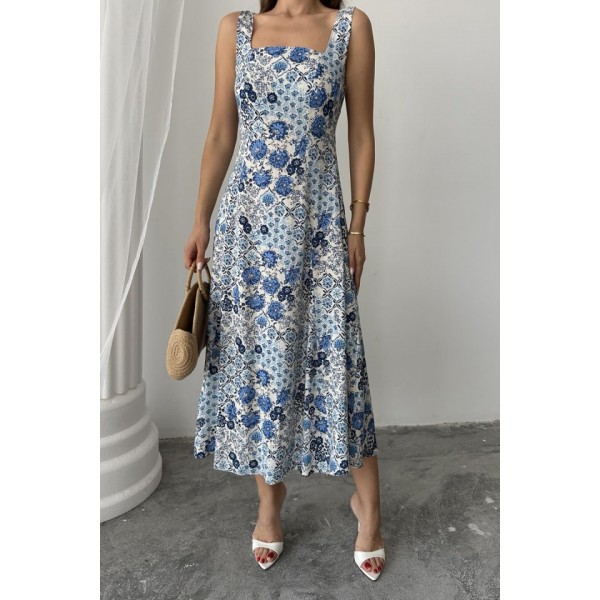 Mavi Çiçekli Viskon Elbise