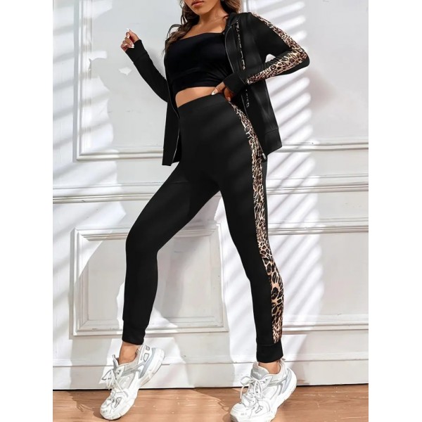 Kadın Uzun Kollu Kapşonlu Fermuarlı Bağcıklı Viskon Iki Iplik Bluz Ve Pantolon Tayt