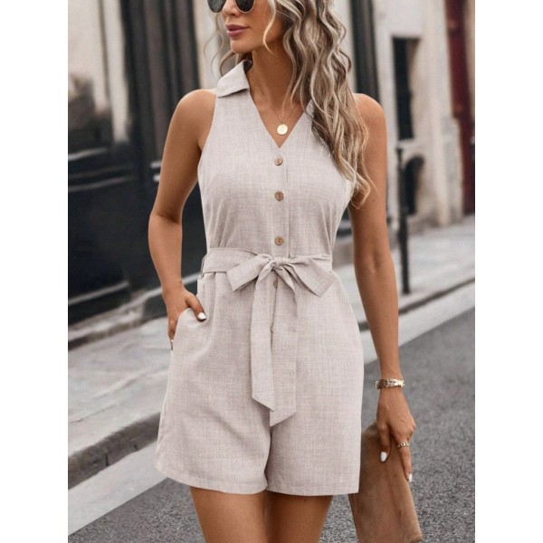 Kadın Sıfır Kollu Yakalı Düğmeli Belden Kuşaklı Kısa Keten Tulum