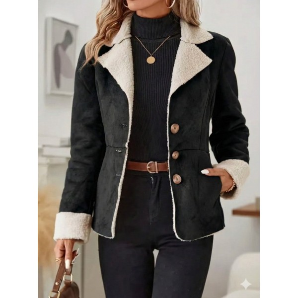 Kadın Uzun Kollu önden Düğmeli Cep Detaylı Kısa Süet Ceket