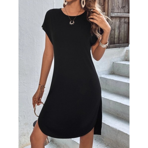 Kadın Kısa Kollu Bisiklet Yaka Viskon Iki Iplik Elbise