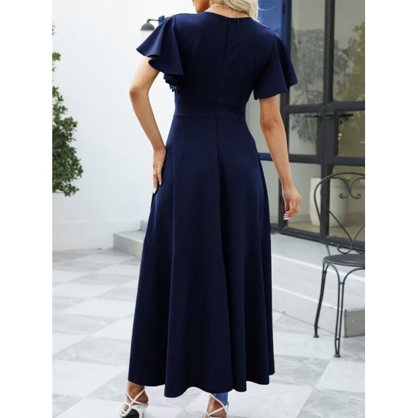 Kadın Kısa Kollu Kruvaze Yakalı ön Asimetrik Volanlı Uzun Ithal Krep Elbise