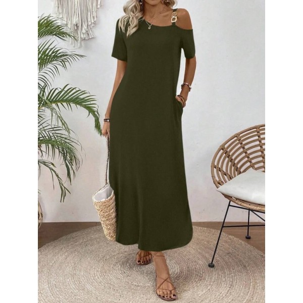 Kadın Tek Omuzdan Açık Toka Detaylı Yandan Yırtmaçlı Maksi Boy Viskon Elbise