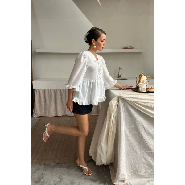 KETEN BLUZ ÖNDEN BAĞLAMALI FIRFIR DETAYLI - Beyaz