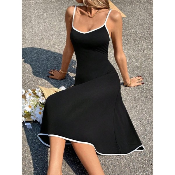 Kadın Ip Askılı Geniş V Yakalı Midi Janjan Krep Elbise