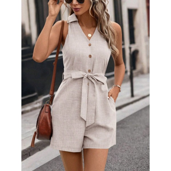 Kadın Sıfır Kollu Yakalı Düğmeli Belden Kuşaklı Kısa Keten Tulum