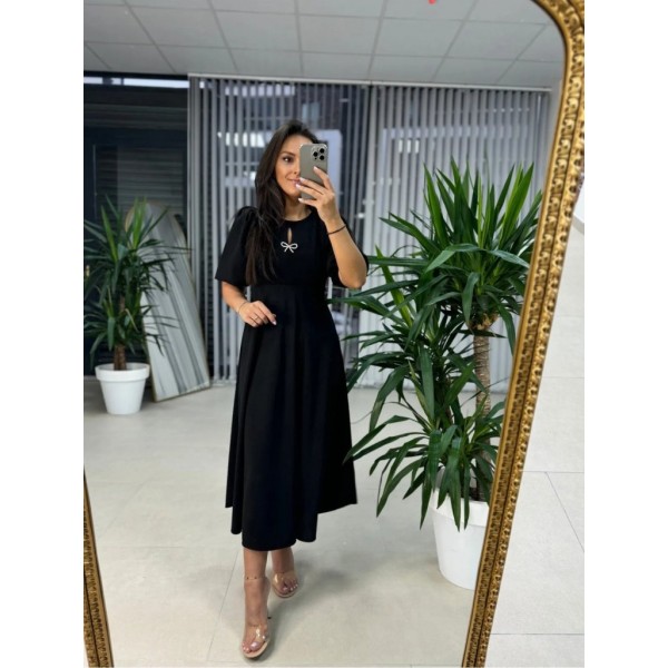 Kadın Kısa Kollu Bisiklet Yaka Fiyonk Broşlu Midi Janjan Krep Elbise