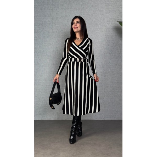 Kadın Uzun Kollu Kruvaze Yaka Kemer Dahil çizgili Triko Elbise