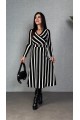 Kadın Uzun Kollu Kruvaze Yaka Kemer Dahil çizgili Triko Elbise