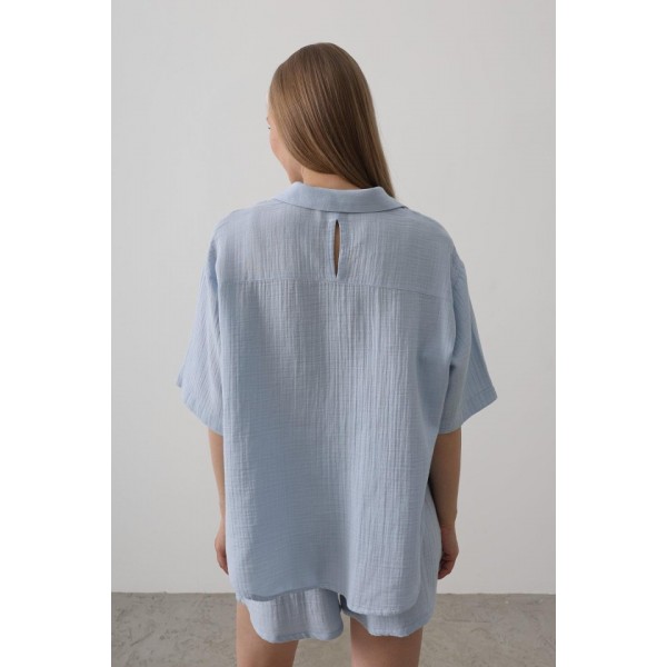 Yarım Kol Müslin Gömlek - Bebe Mavisi