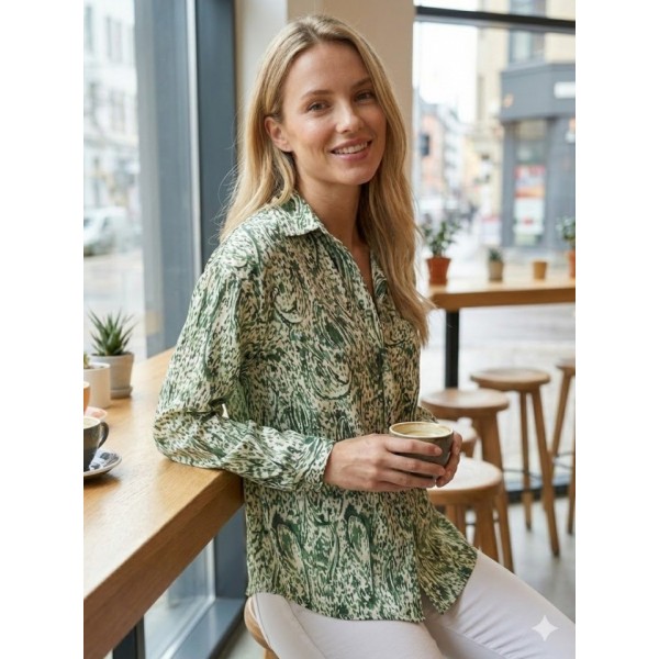 Kadın Uzun Kollu Dalgalı Desen Baskılı Gömlek