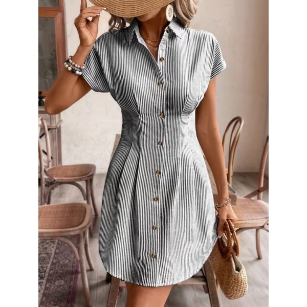 Kadın Kısa Kollu Yakalı önden Düğmeli Kısa Trikoton Elbise