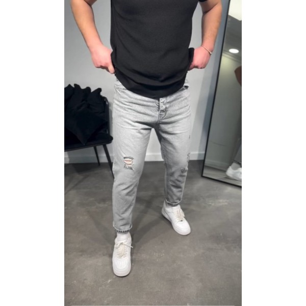 Erkek Gri Yırtık Detaylı Boyfriend Jean