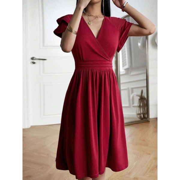 Kadın Kısa Fırfır Kollu Kruvaze Yakalı Kiloş Janjan Krep Elbise