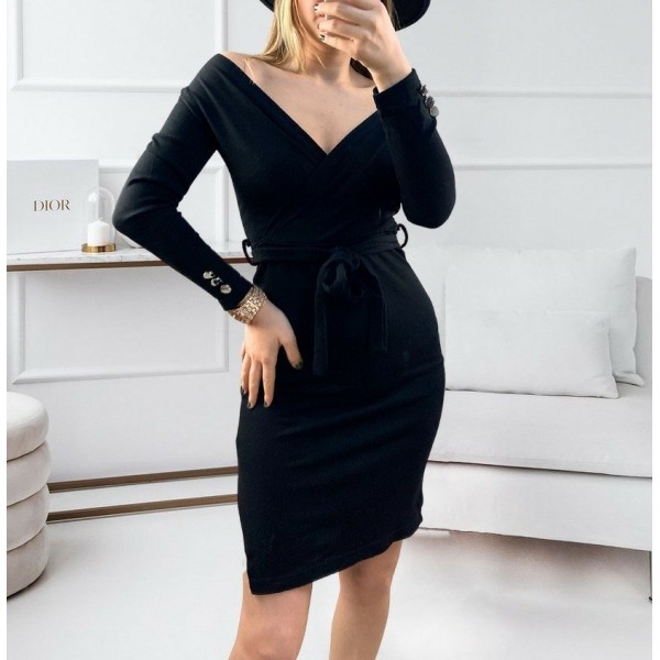 Kadın Uzun Kollu Kruvaze Yaka Bağcık Detay Akrilik Mini Boy Elbise