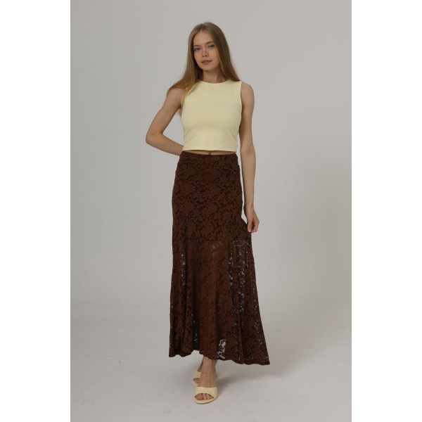 Bel Lastikli Dantel Etek - Kahve