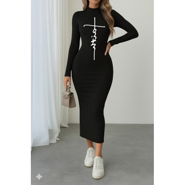 Kadın Uzun Kollu Boğazlı Baskı Detaylı Viskon Tam Boy Elbise